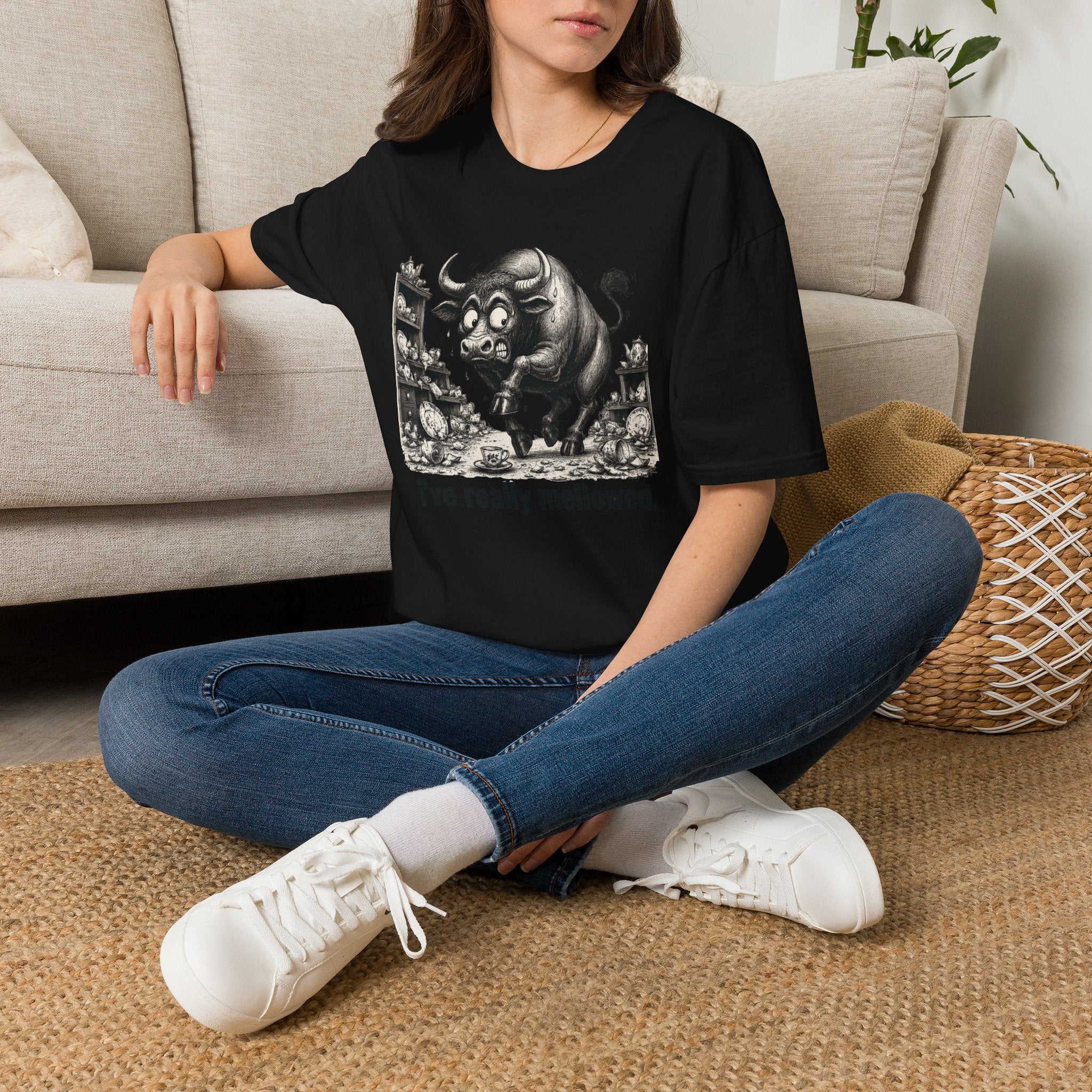 Bull Mushroom Graphic Tee — "I've Really Mellowed." Funny Surreal Illustration T-Shirt