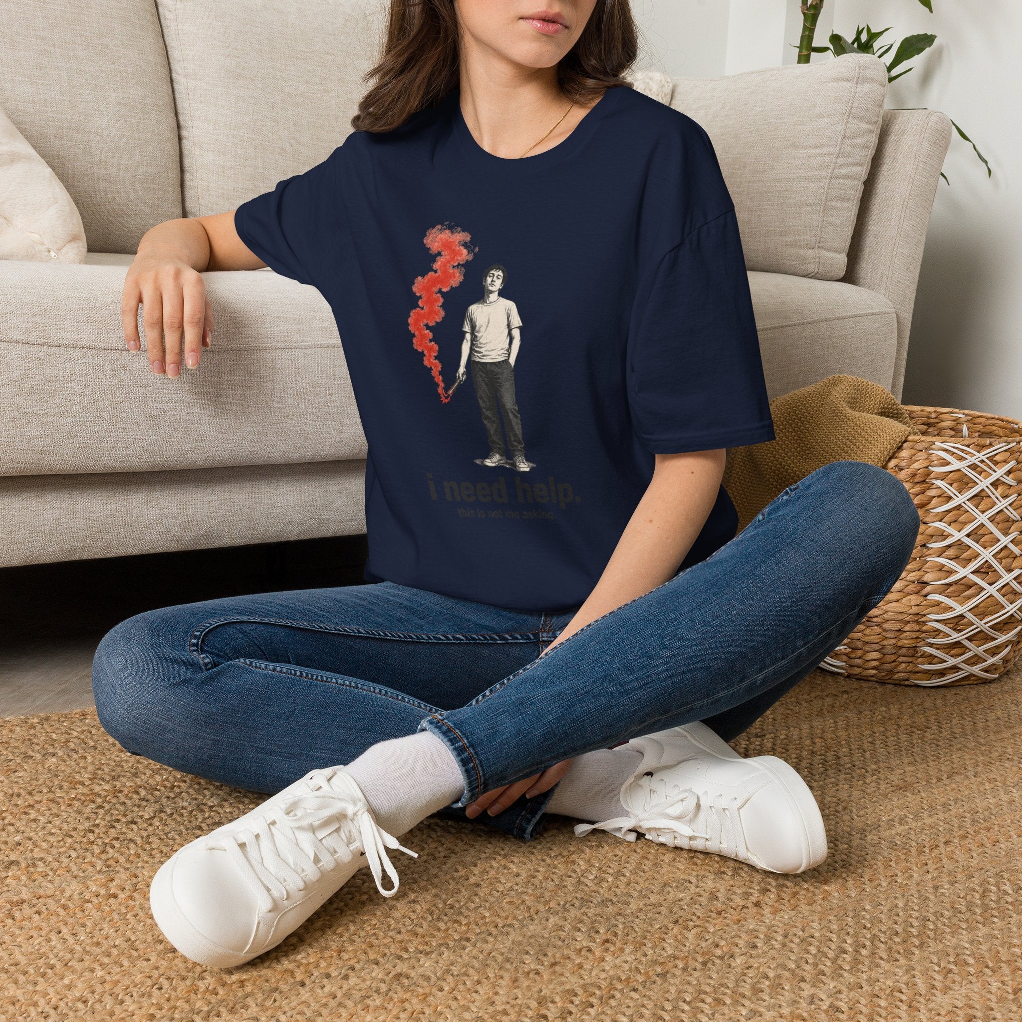 T-Shirt — I Need Help Graphic Tee with Red Smoke Illustration