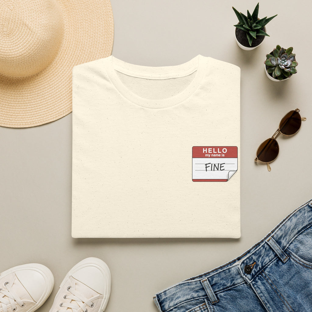 T-Shirt — 'Hello My Name Is FINE' Minimal Pocket Sticker Graphic