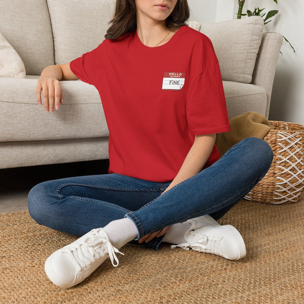 T-Shirt — 'Hello My Name Is FINE' Minimal Pocket Sticker Graphic