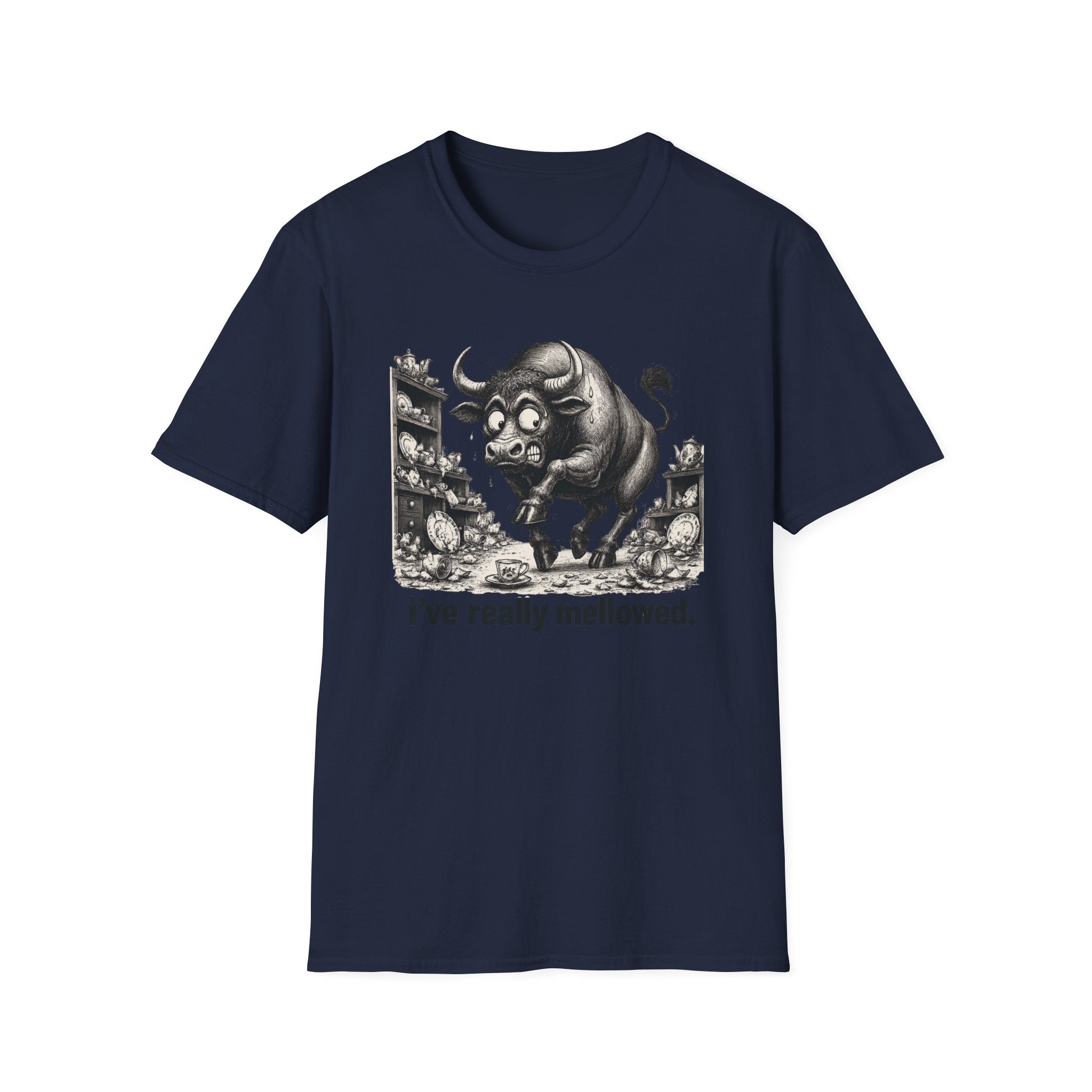 Bull Mushroom Graphic Tee — "I've Really Mellowed." Funny Surreal Illustration T-Shirt