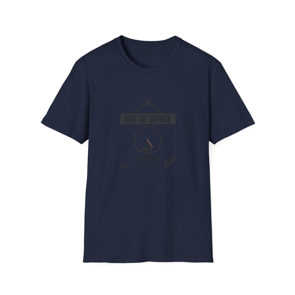 Out of Office T-Shirt — Funny Vacation Tee with Clock Graphic (Back Never)