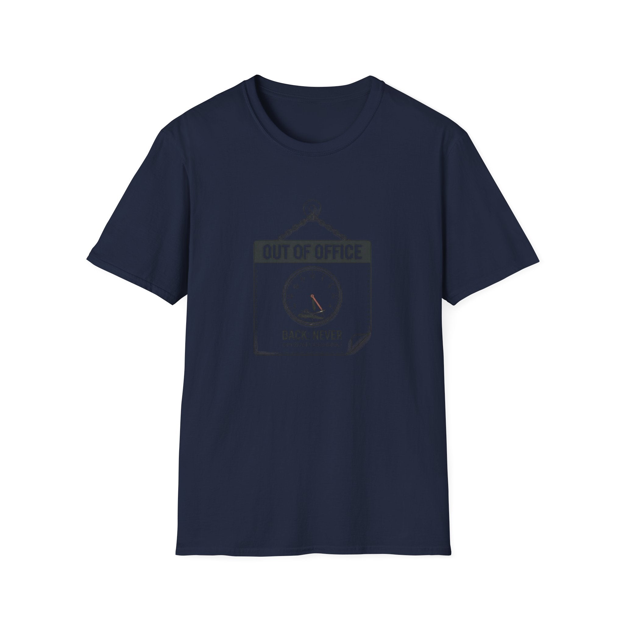 Out of Office T-Shirt — Funny Vacation Tee with Clock Graphic (Back Never)