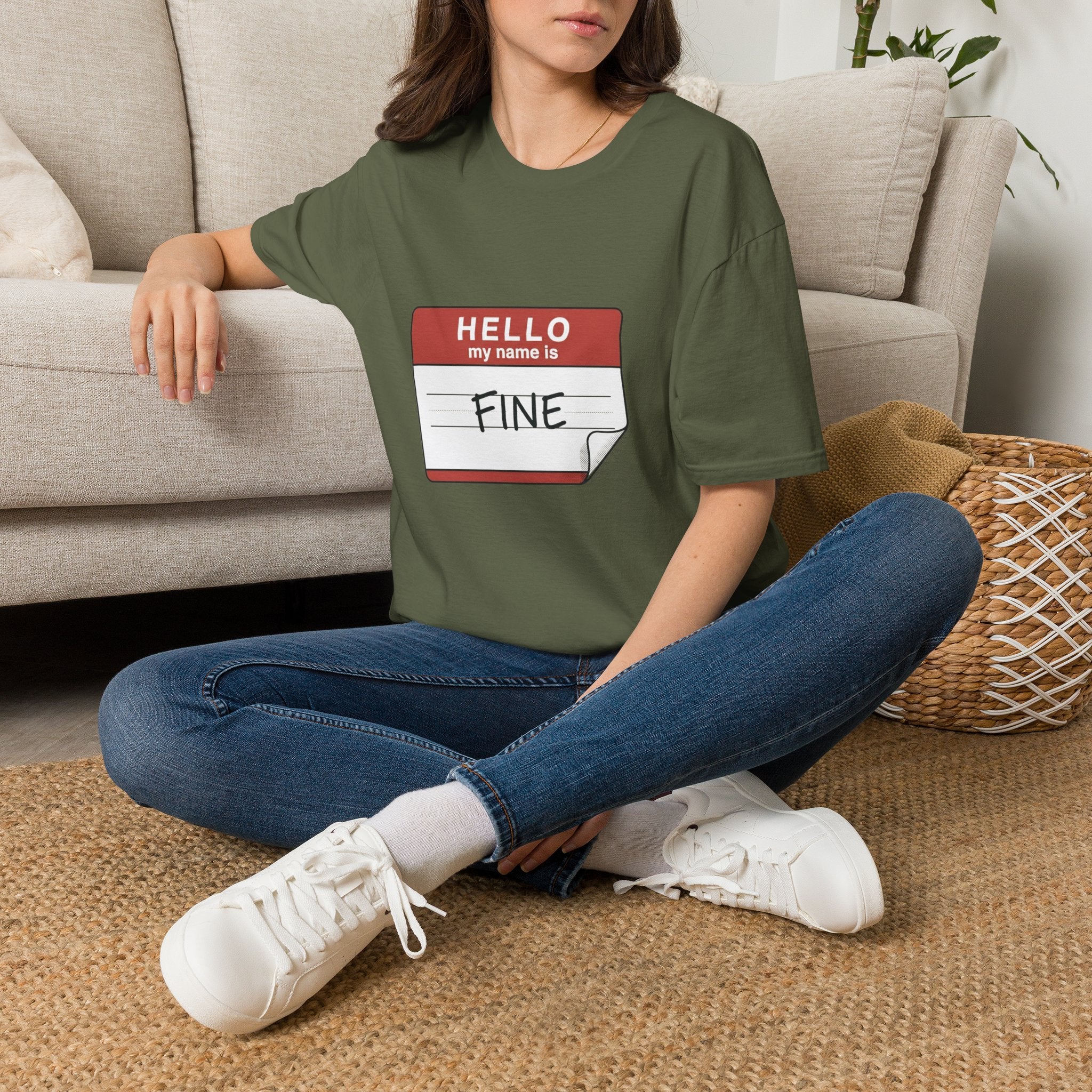T-Shirt — "Hello My Name Is Fine" Graphic Tee (Funny Sarcastic Introvert Shirt)
