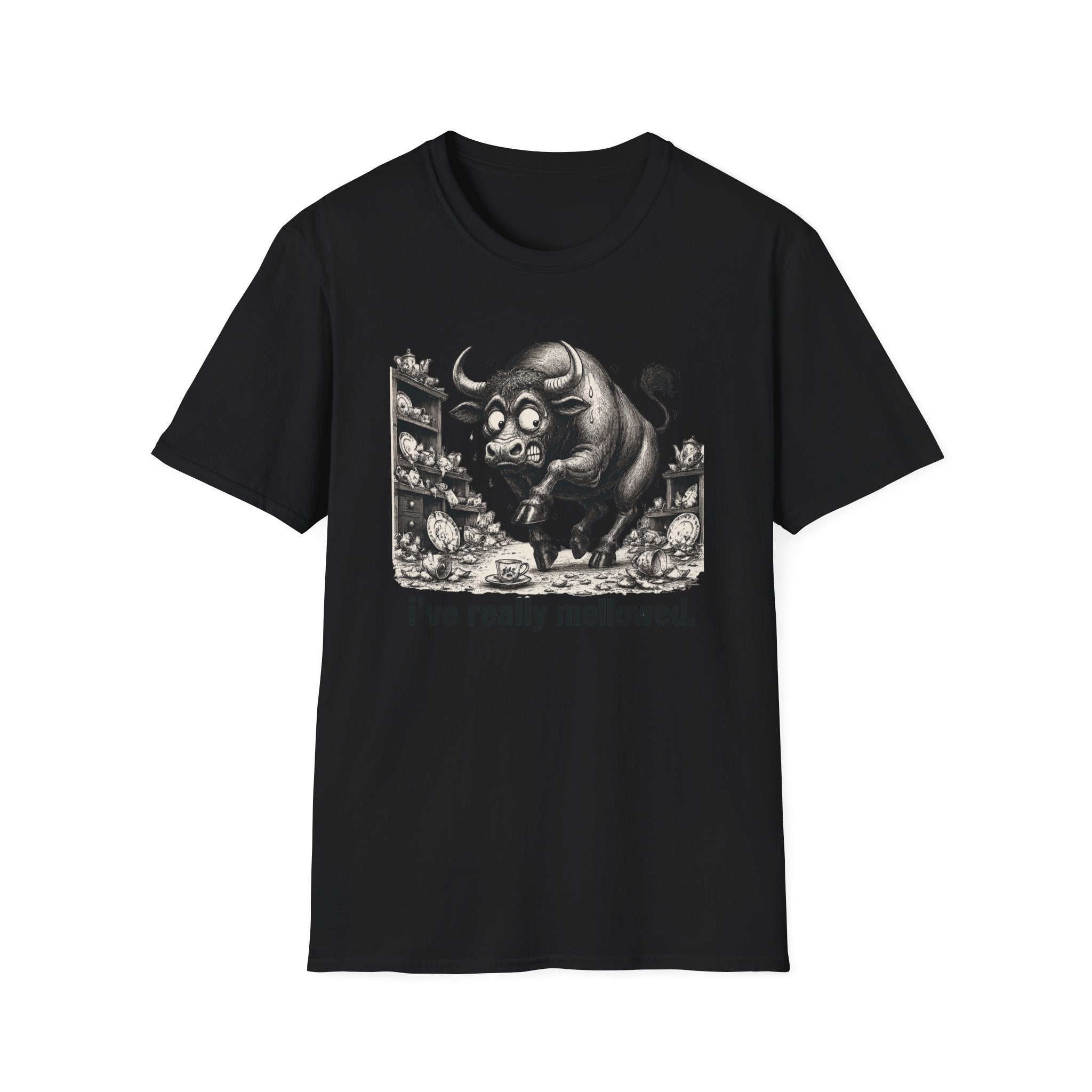 Bull Mushroom Graphic Tee — "I've Really Mellowed." Funny Surreal Illustration T-Shirt