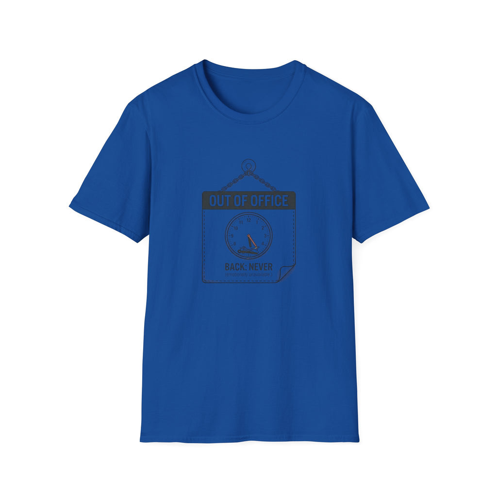 Out of Office T-Shirt — Funny Vacation Tee with Clock Graphic (Back Never)