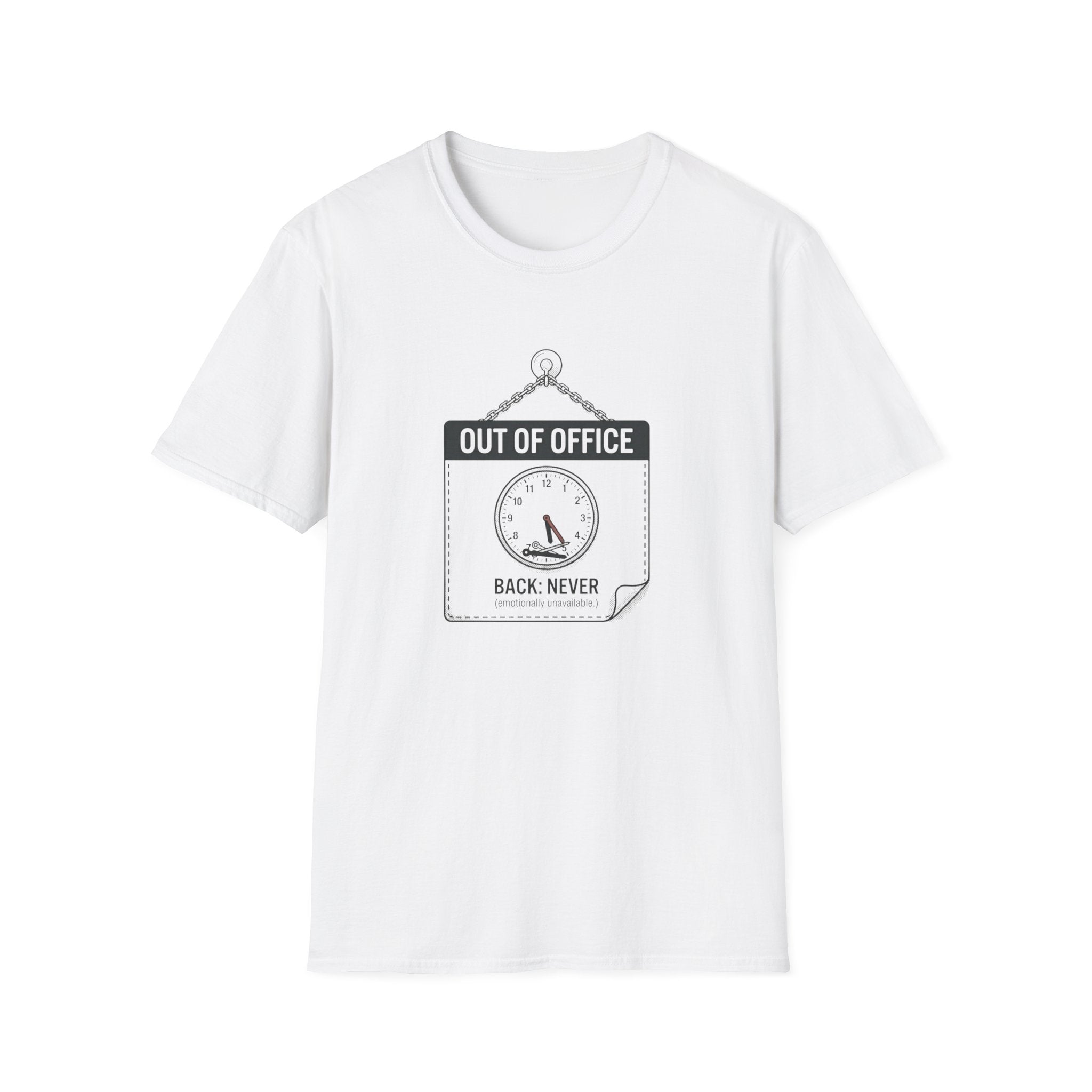 Out of Office T-Shirt — Funny Vacation Tee with Clock Graphic (Back Never)