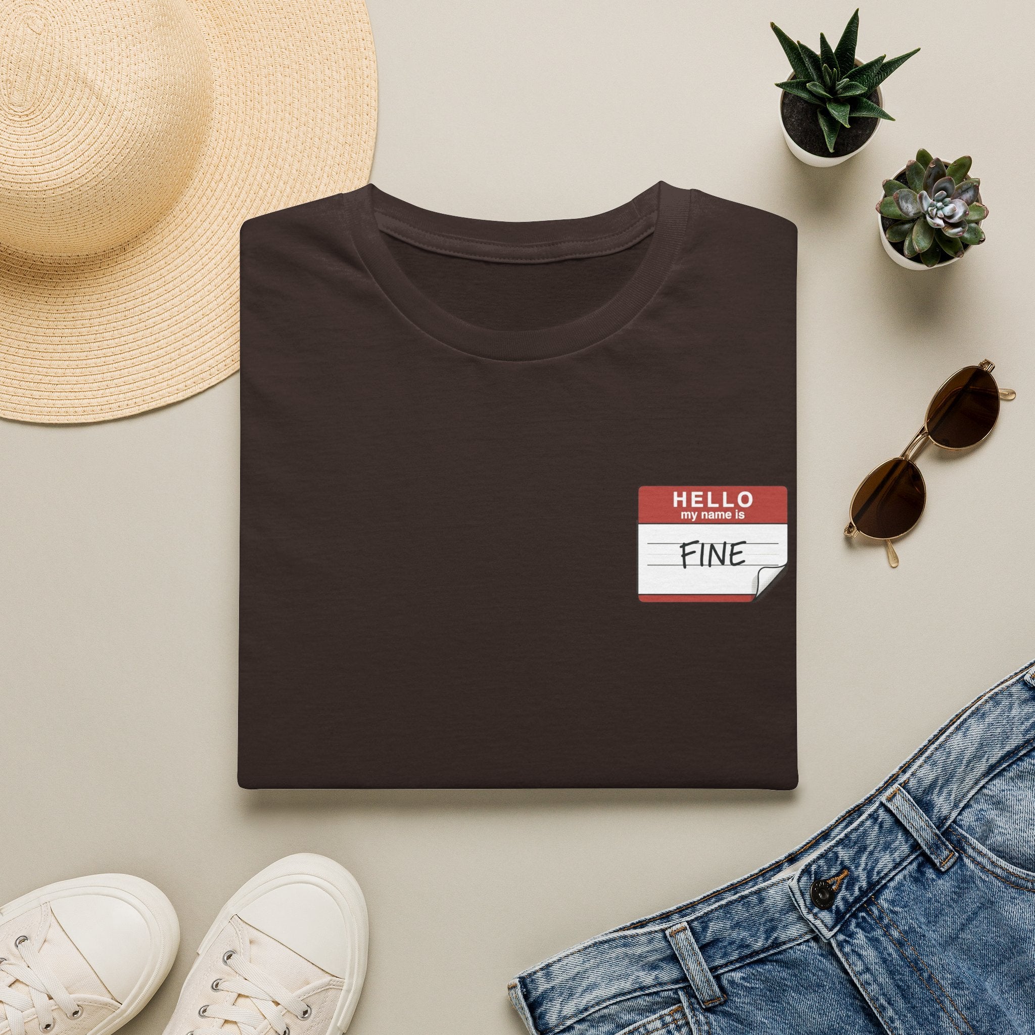 T-Shirt — 'Hello My Name Is FINE' Minimal Pocket Sticker Graphic
