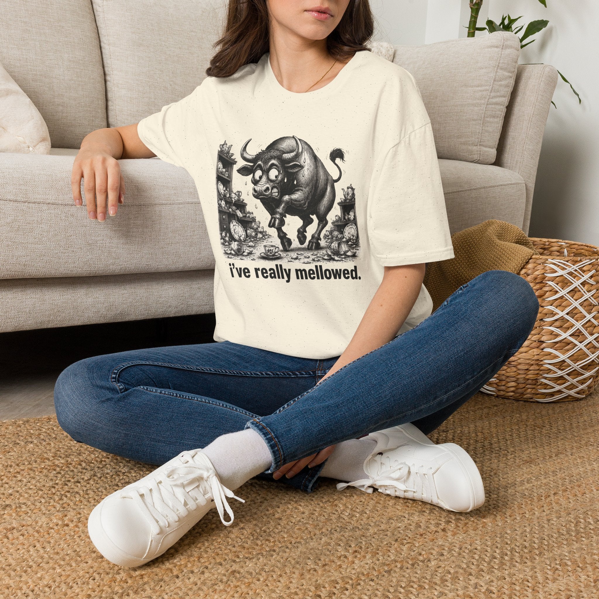 Bull Mushroom Graphic Tee — "I've Really Mellowed." Funny Surreal Illustration T-Shirt