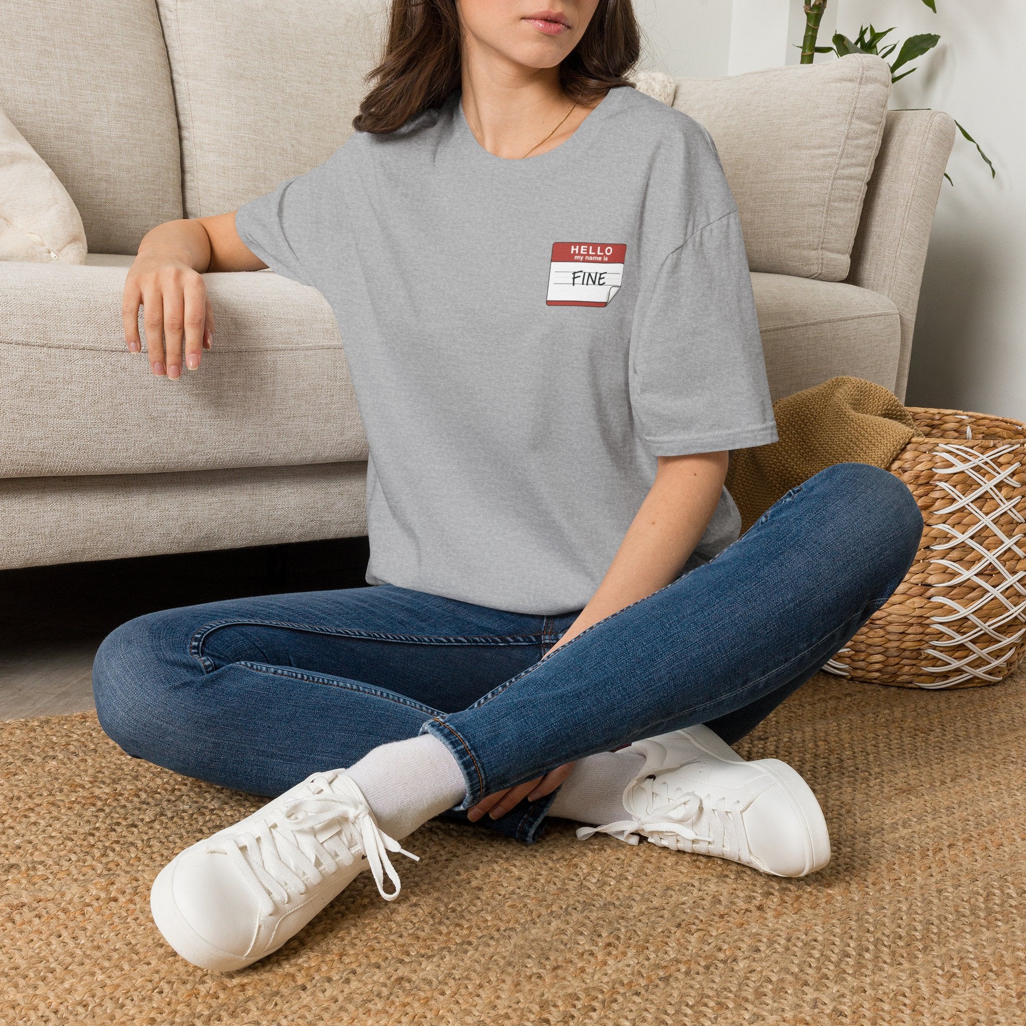 T-Shirt — 'Hello My Name Is FINE' Minimal Pocket Sticker Graphic