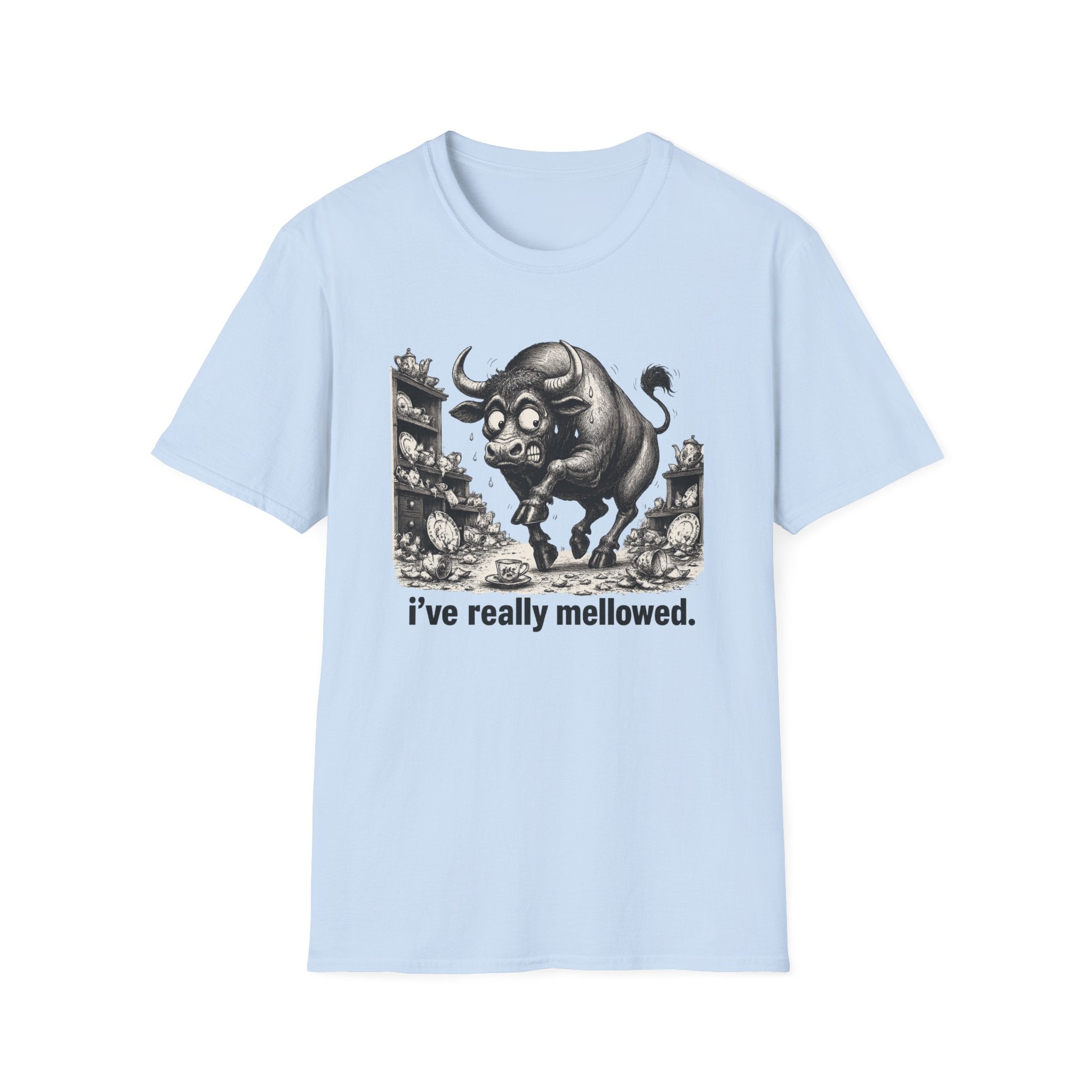 Bull Mushroom Graphic Tee — "I've Really Mellowed." Funny Surreal Illustration T-Shirt
