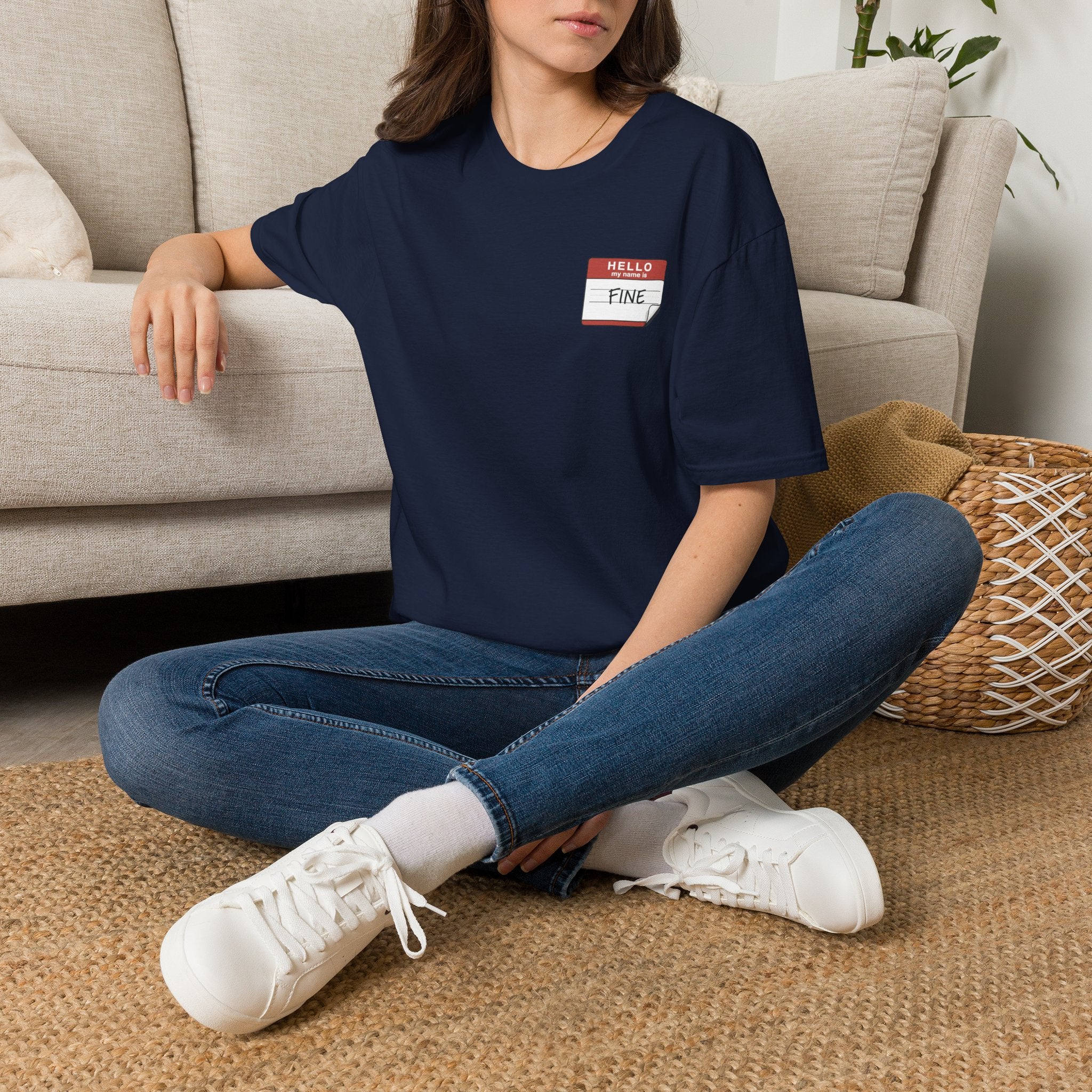 T-Shirt — 'Hello My Name Is FINE' Minimal Pocket Sticker Graphic