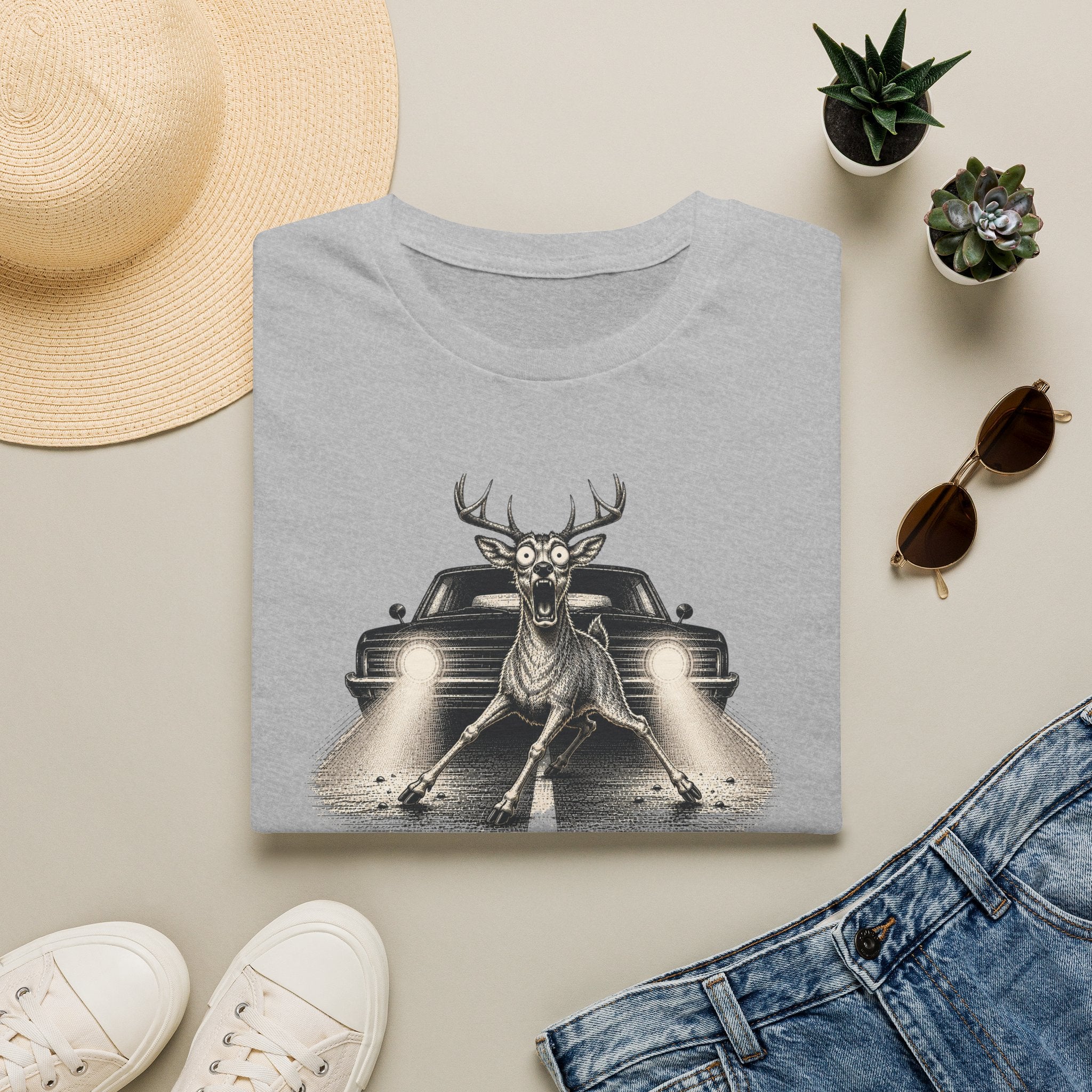 Adaptive Deer T‑Shirt — Vintage Stag Headlights Graphic Tee