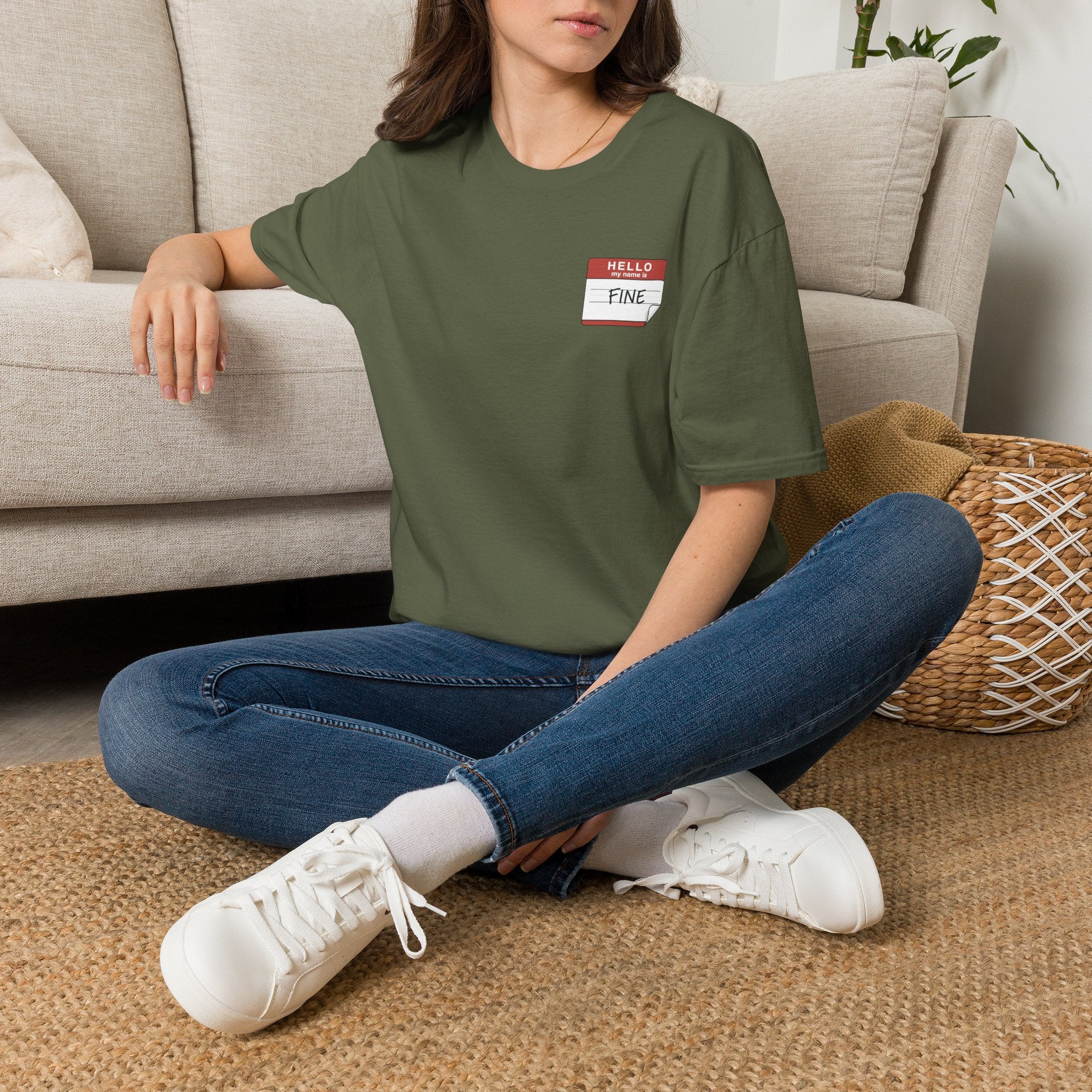 T-Shirt — 'Hello My Name Is FINE' Minimal Pocket Sticker Graphic