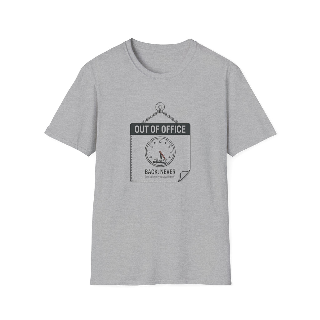 Out of Office T-Shirt — Funny Vacation Tee with Clock Graphic (Back Never)