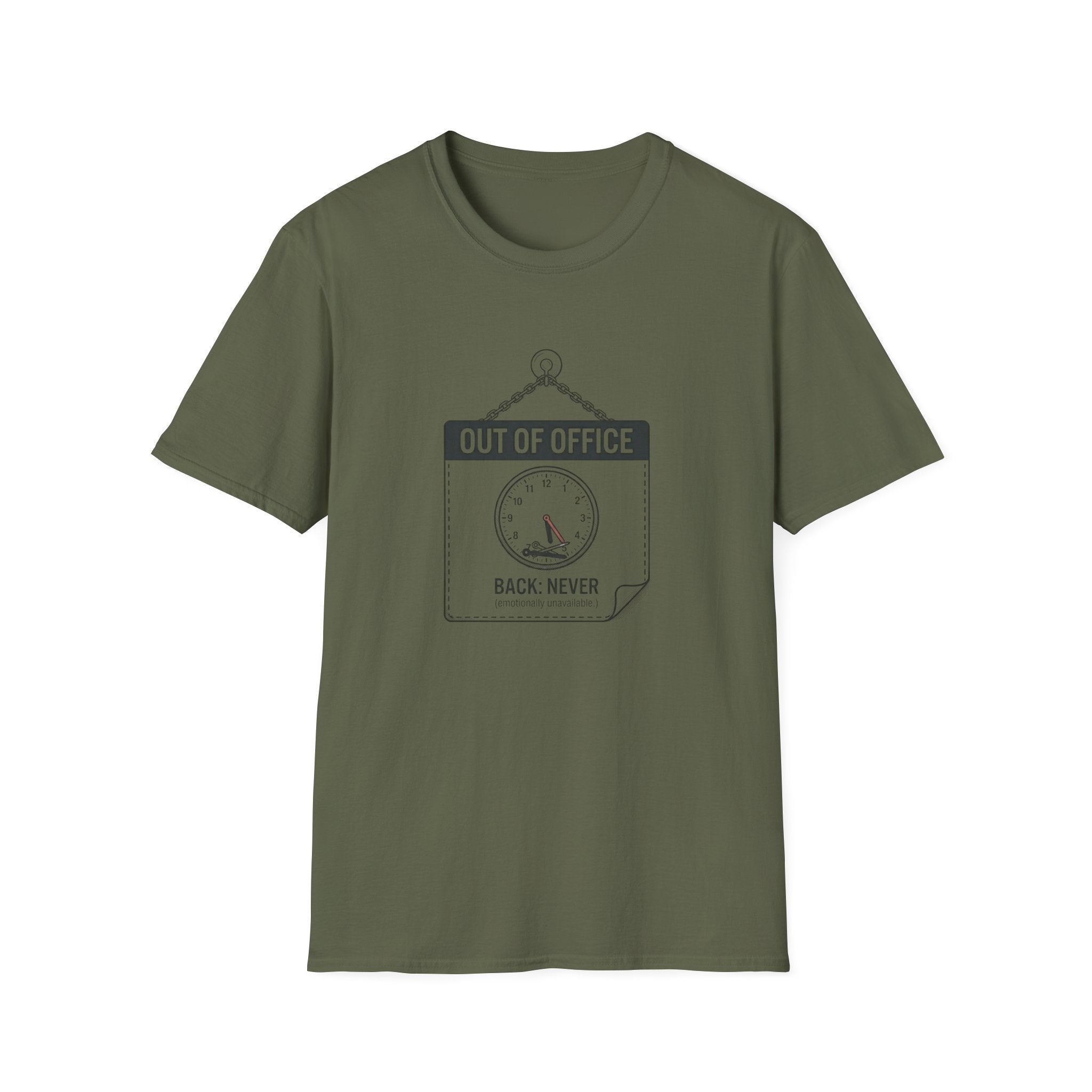 Out of Office T-Shirt — Funny Vacation Tee with Clock Graphic (Back Never)