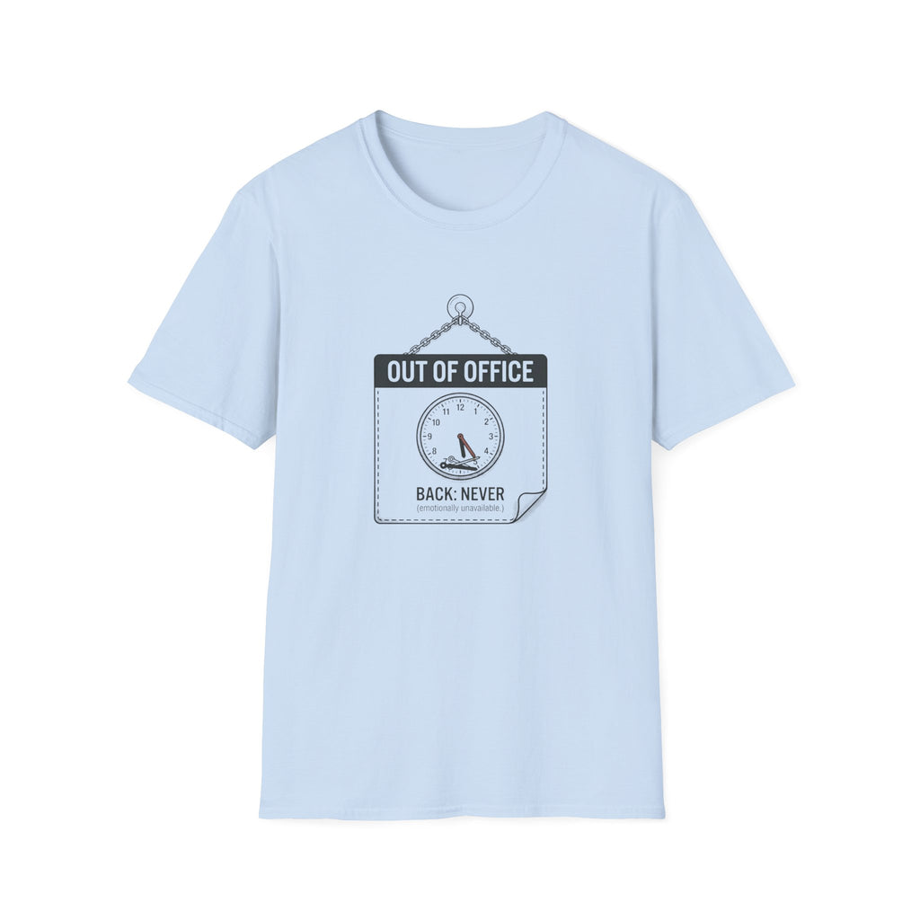 Out of Office T-Shirt — Funny Vacation Tee with Clock Graphic (Back Never)
