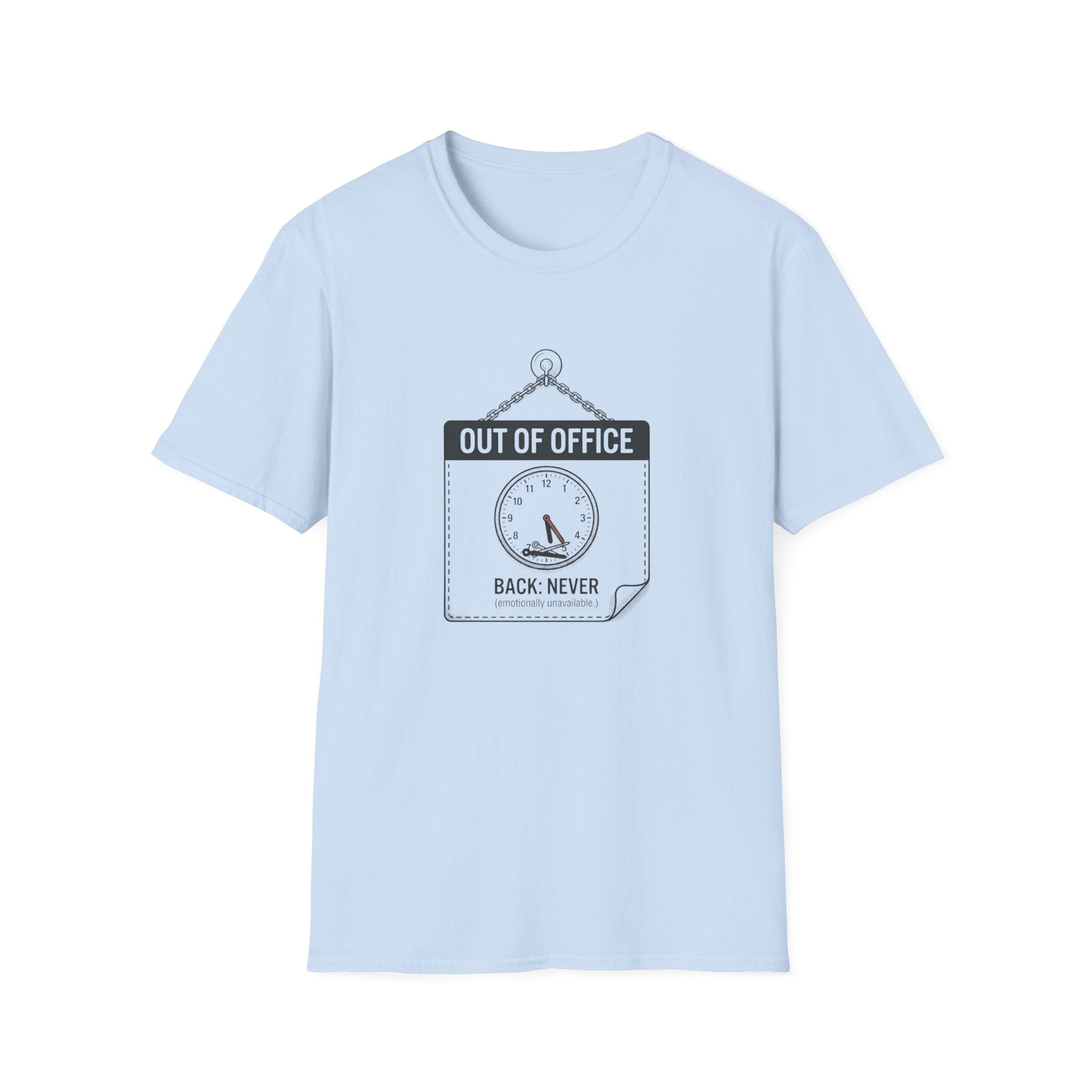 Out of Office T-Shirt — Funny Vacation Tee with Clock Graphic (Back Never)