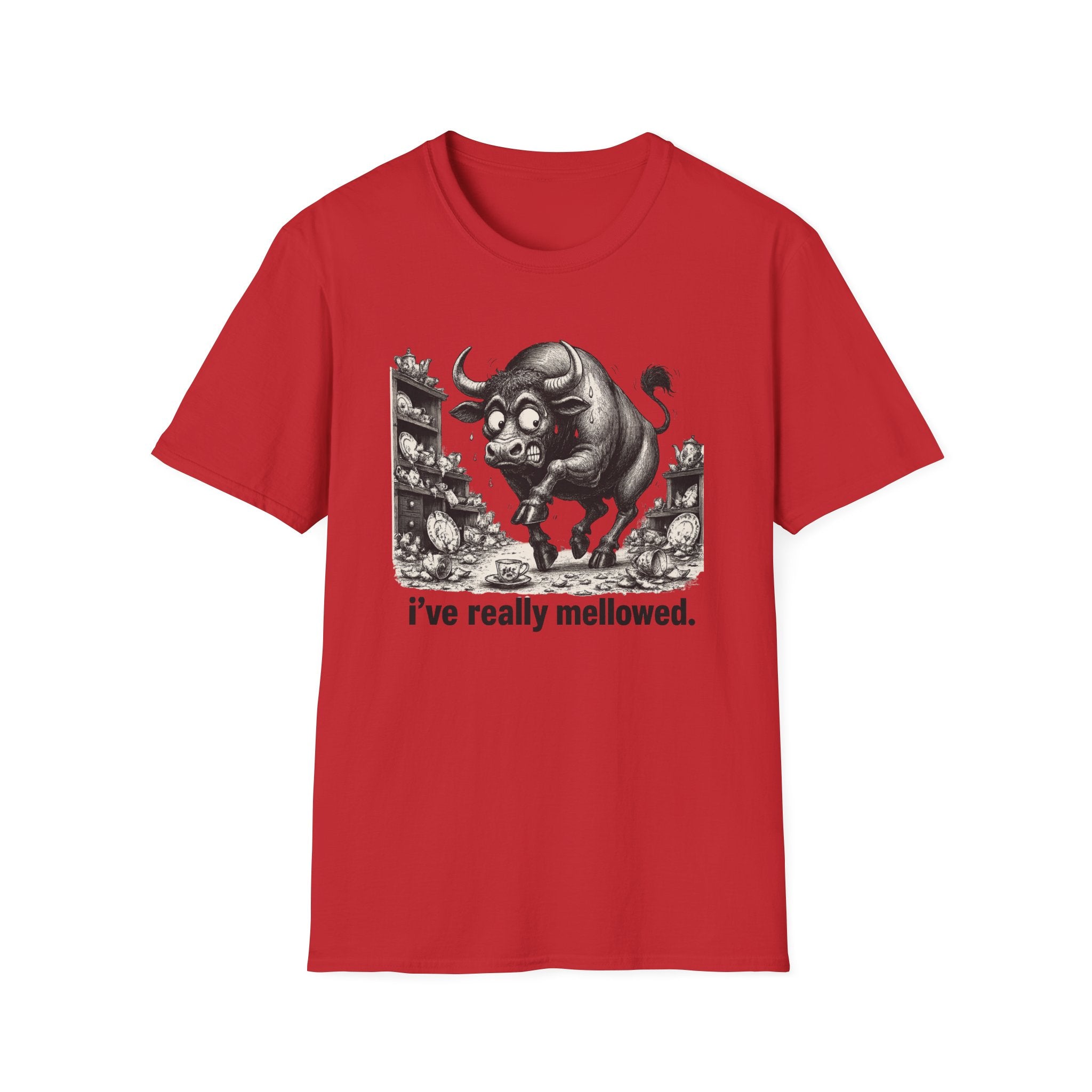 Bull Mushroom Graphic Tee — "I've Really Mellowed." Funny Surreal Illustration T-Shirt