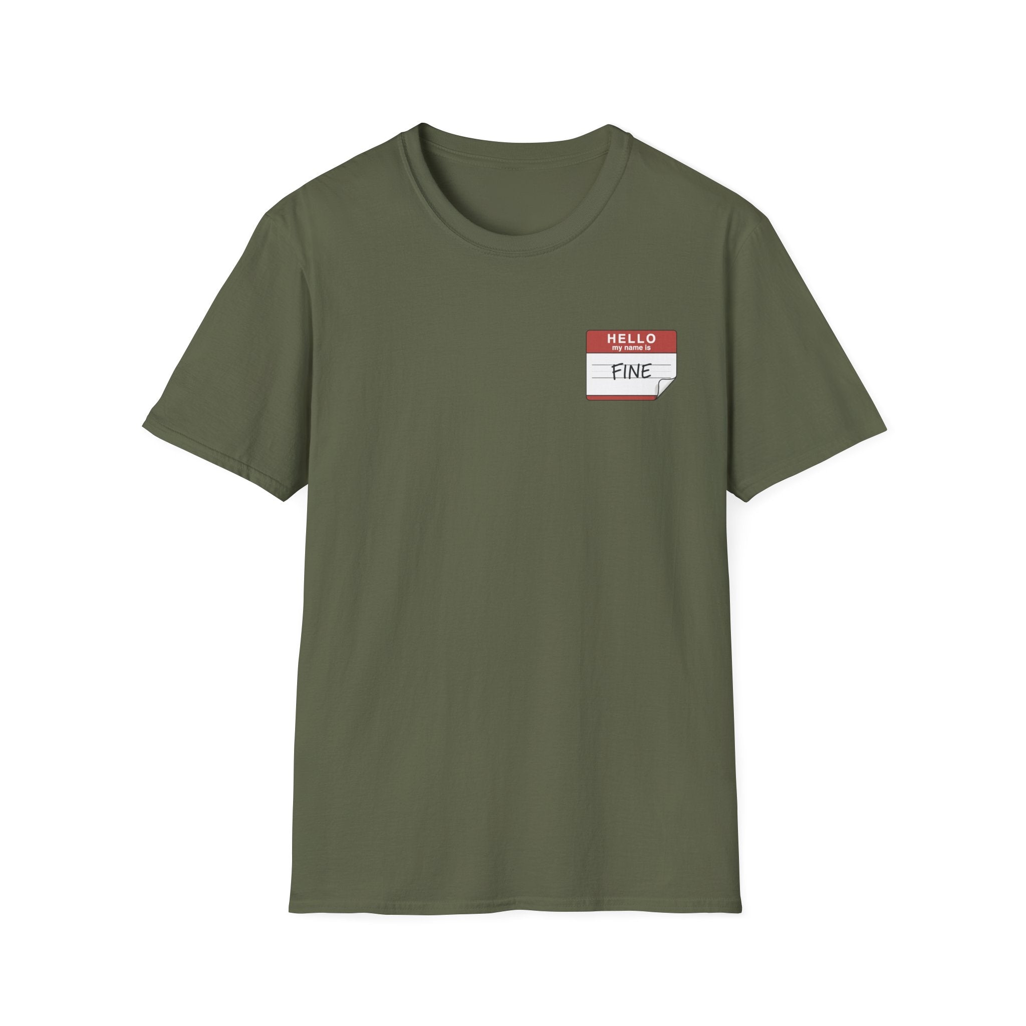 T-Shirt — 'Hello My Name Is FINE' Minimal Pocket Sticker Graphic