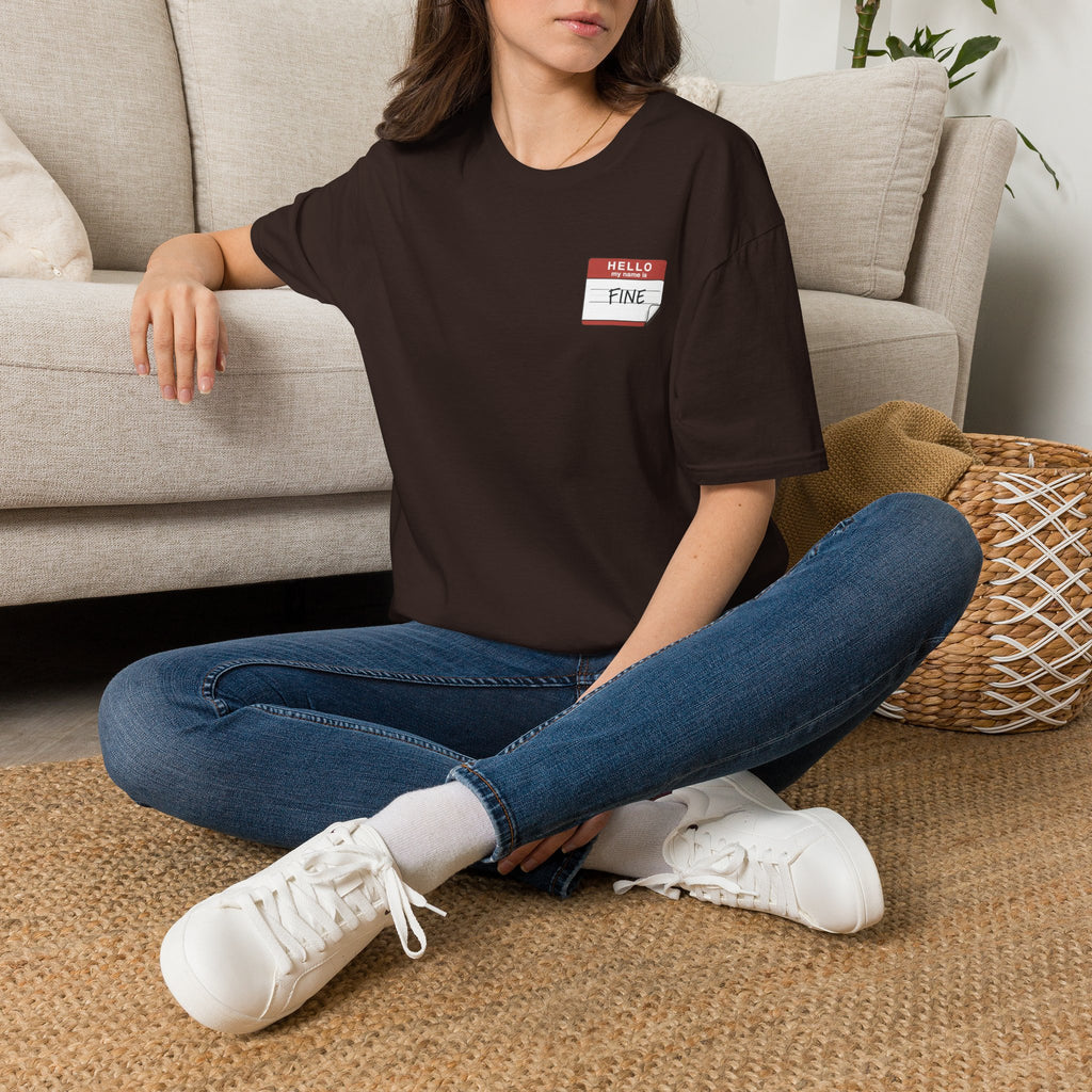 T-Shirt — 'Hello My Name Is FINE' Minimal Pocket Sticker Graphic