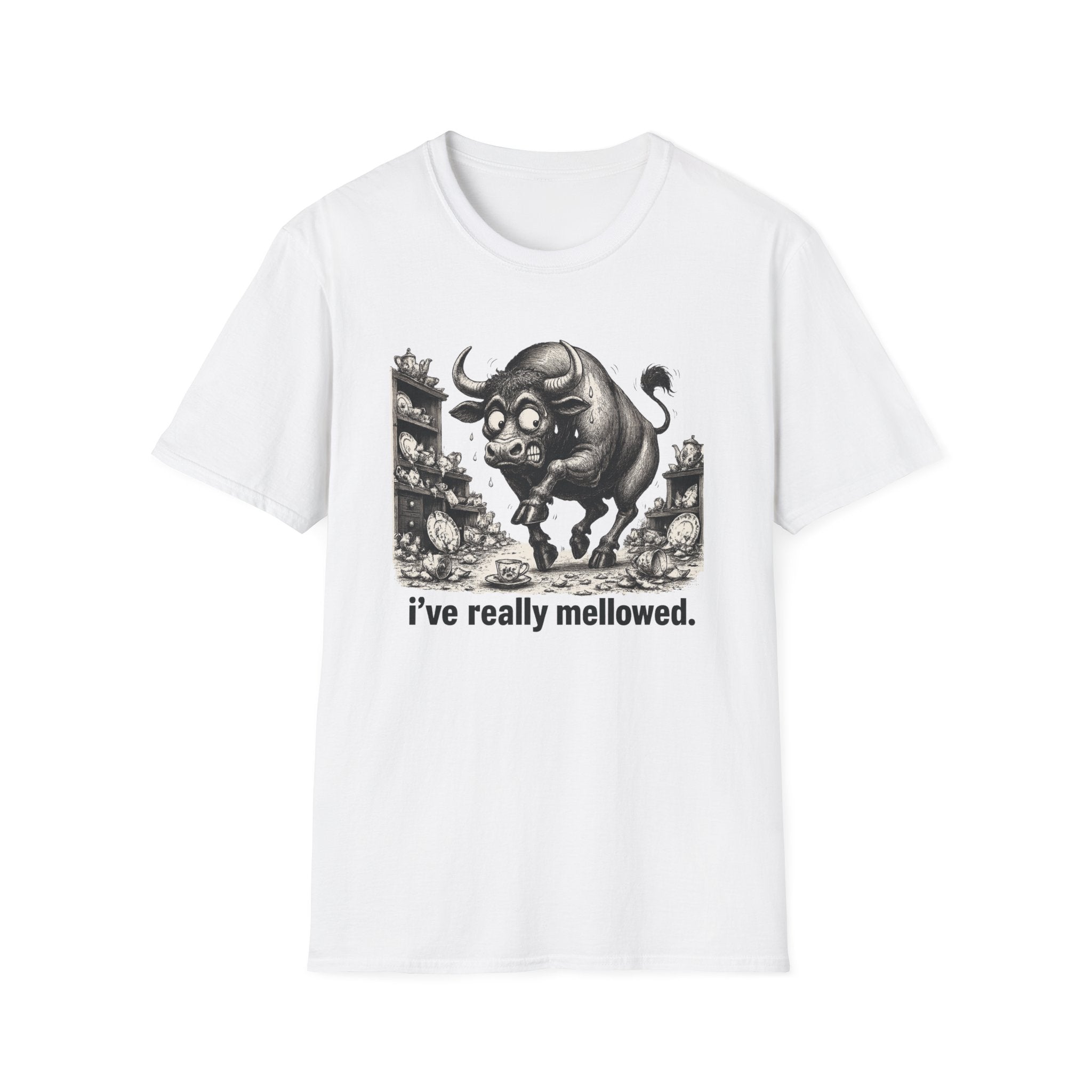 Bull Mushroom Graphic Tee — "I've Really Mellowed." Funny Surreal Illustration T-Shirt