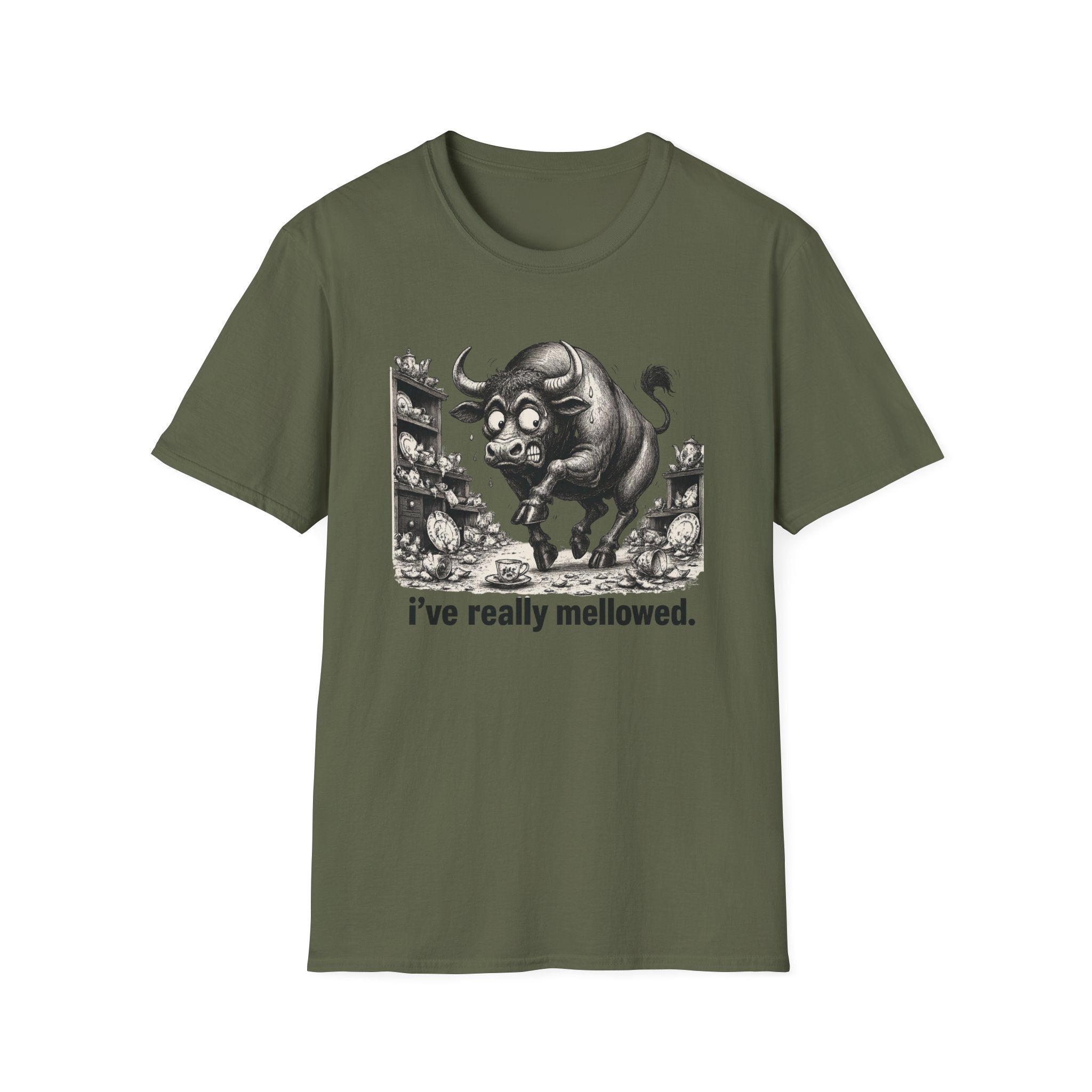 Bull Mushroom Graphic Tee — "I've Really Mellowed." Funny Surreal Illustration T-Shirt
