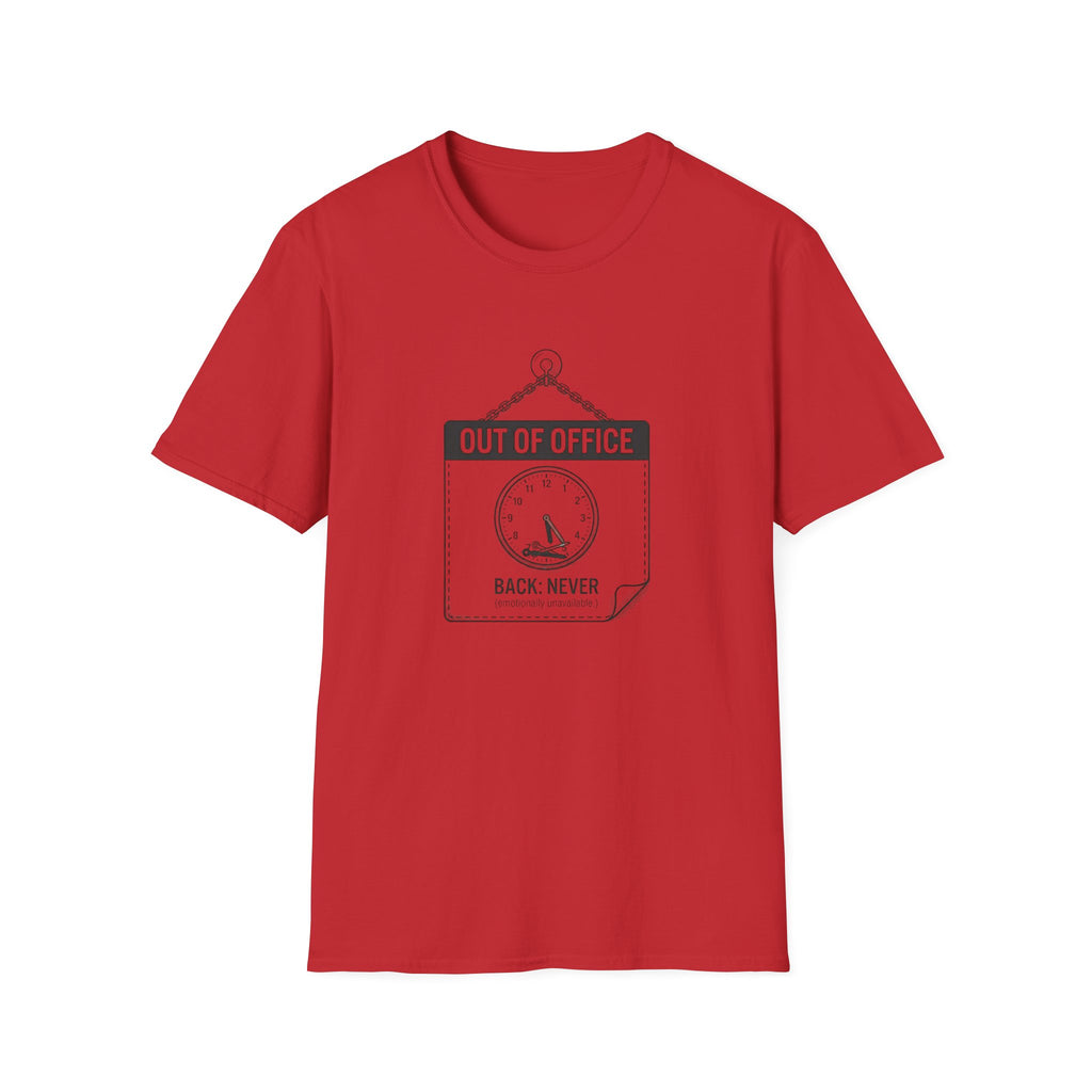 Out of Office T-Shirt — Funny Vacation Tee with Clock Graphic (Back Never)