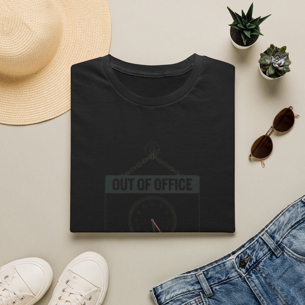 Out of Office T-Shirt — Funny Vacation Tee with Clock Graphic (Back Never)