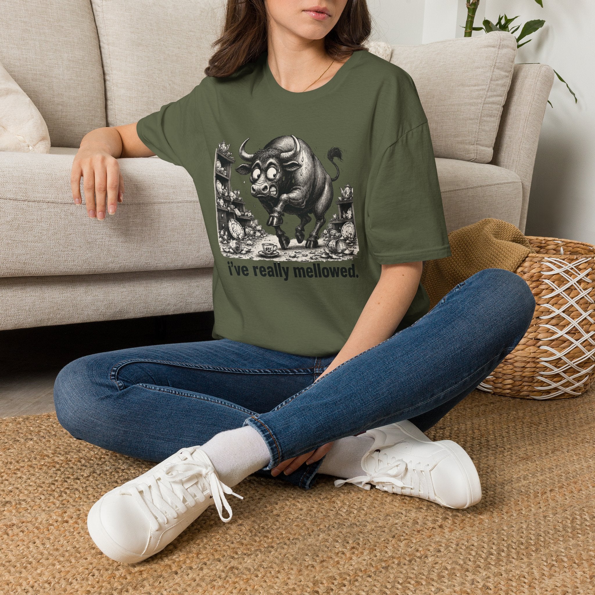 Bull Mushroom Graphic Tee — "I've Really Mellowed." Funny Surreal Illustration T-Shirt