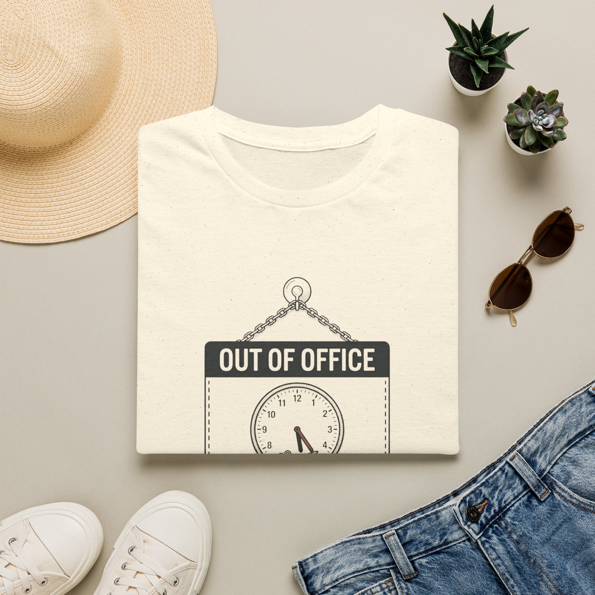 Out of Office T-Shirt — Funny Vacation Tee with Clock Graphic (Back Never)