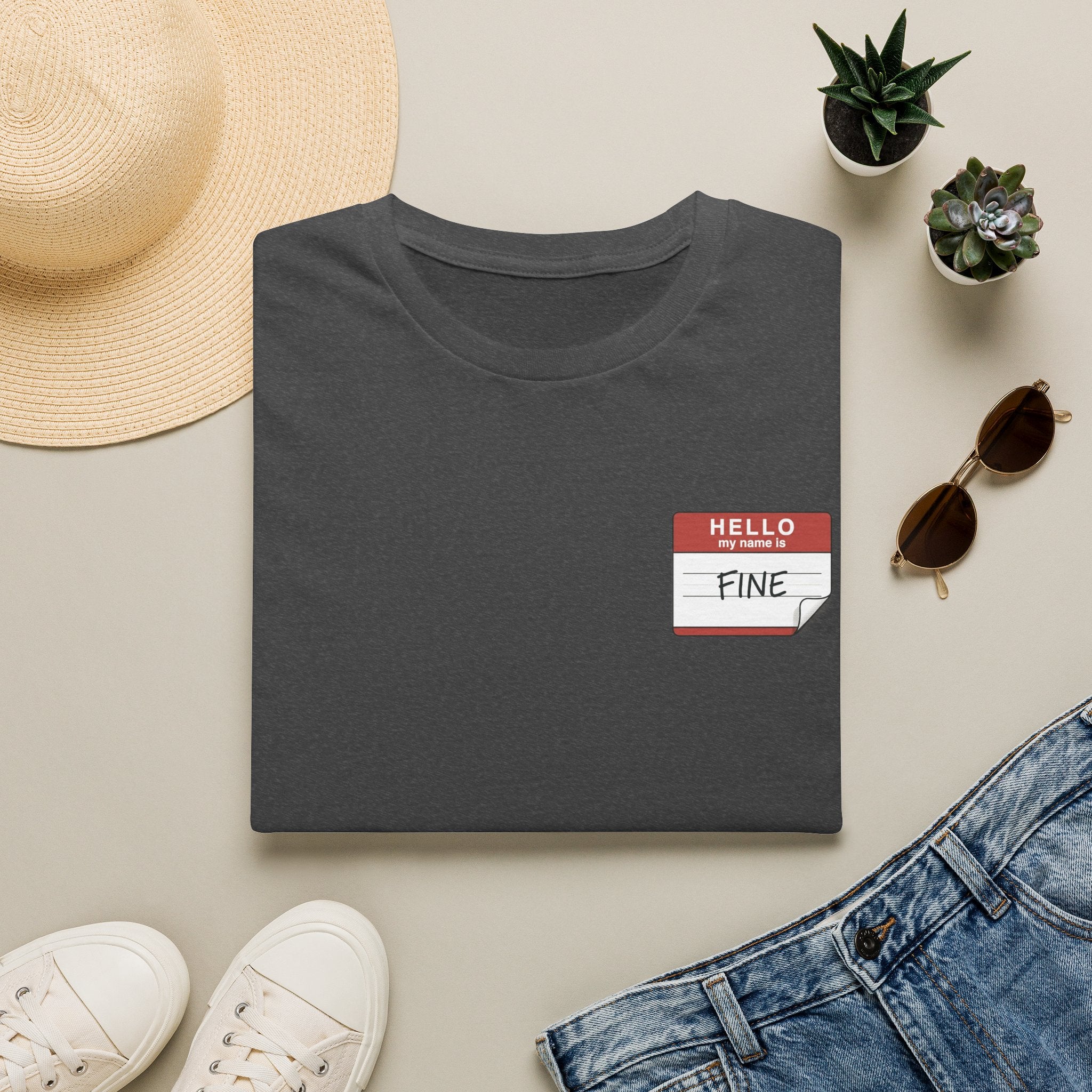 T-Shirt — 'Hello My Name Is FINE' Minimal Pocket Sticker Graphic