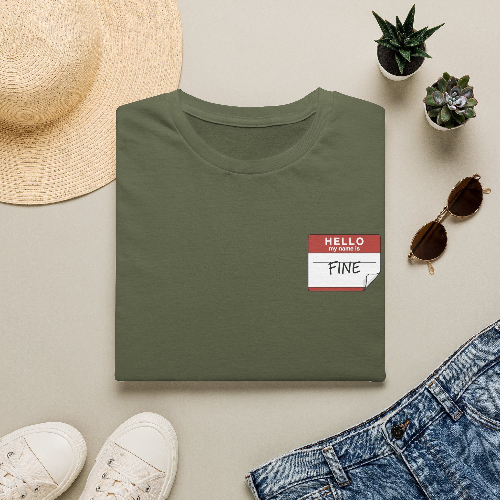 T-Shirt — 'Hello My Name Is FINE' Minimal Pocket Sticker Graphic