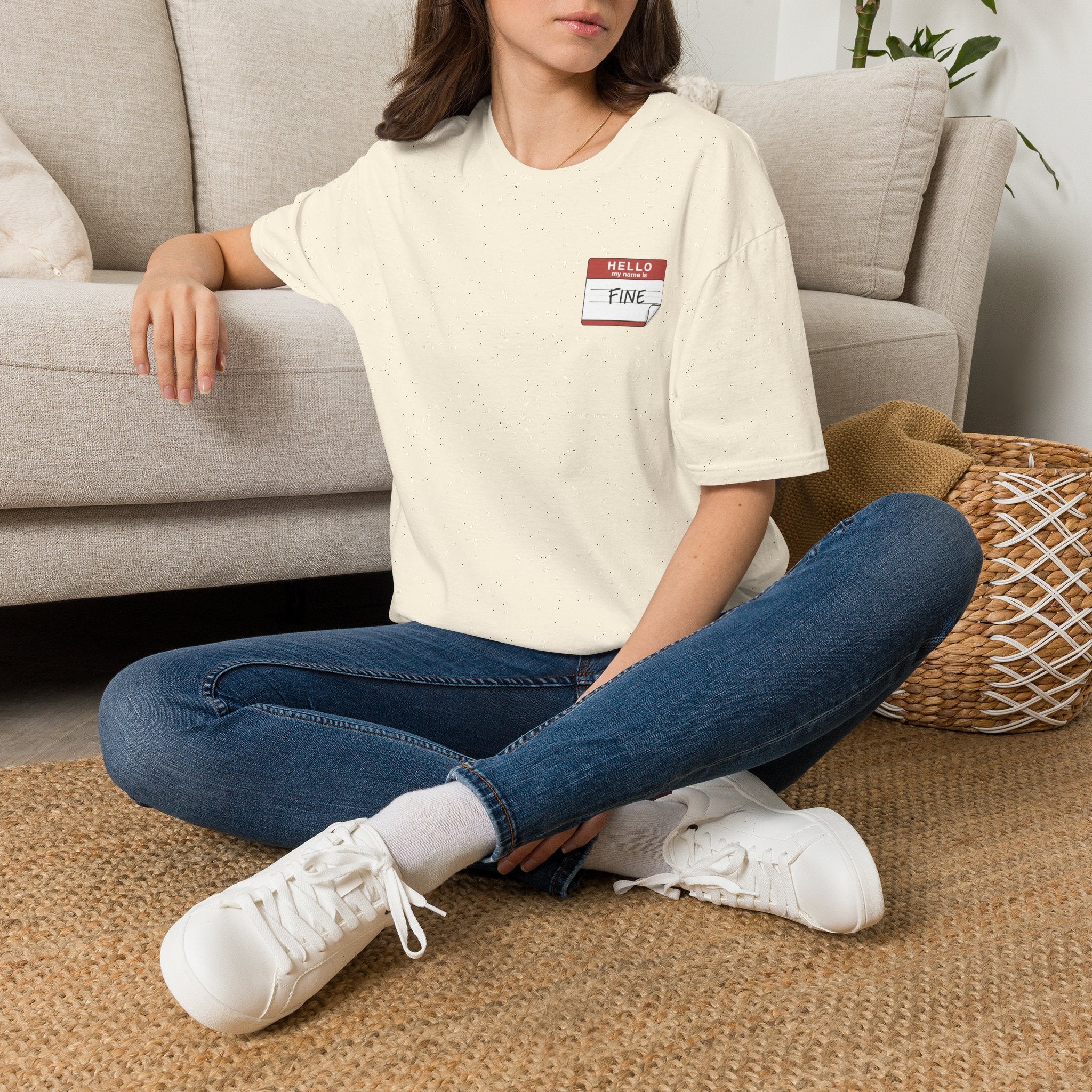T-Shirt — 'Hello My Name Is FINE' Minimal Pocket Sticker Graphic