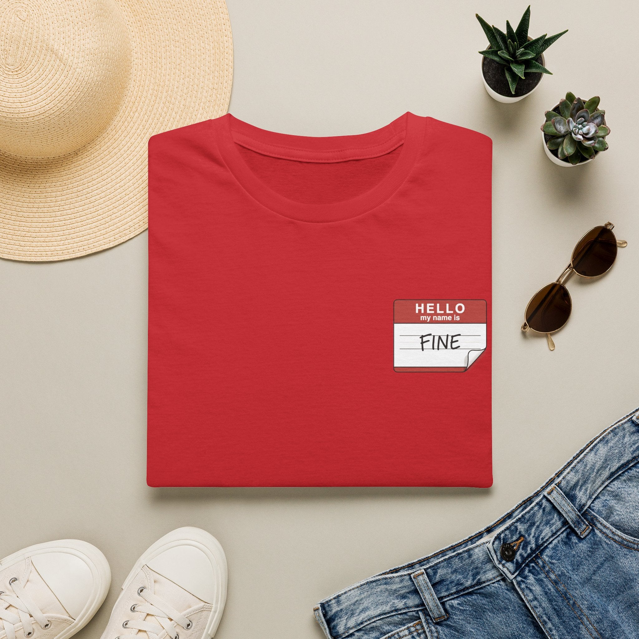 T-Shirt — 'Hello My Name Is FINE' Minimal Pocket Sticker Graphic