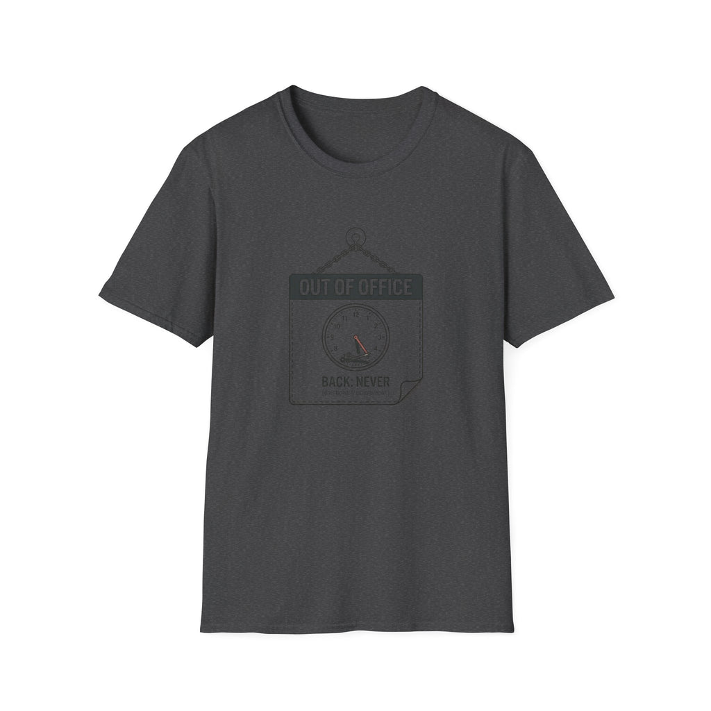 Out of Office T-Shirt — Funny Vacation Tee with Clock Graphic (Back Never)