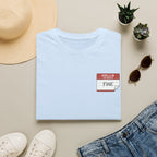 T-Shirt — 'Hello My Name Is FINE' Minimal Pocket Sticker Graphic
