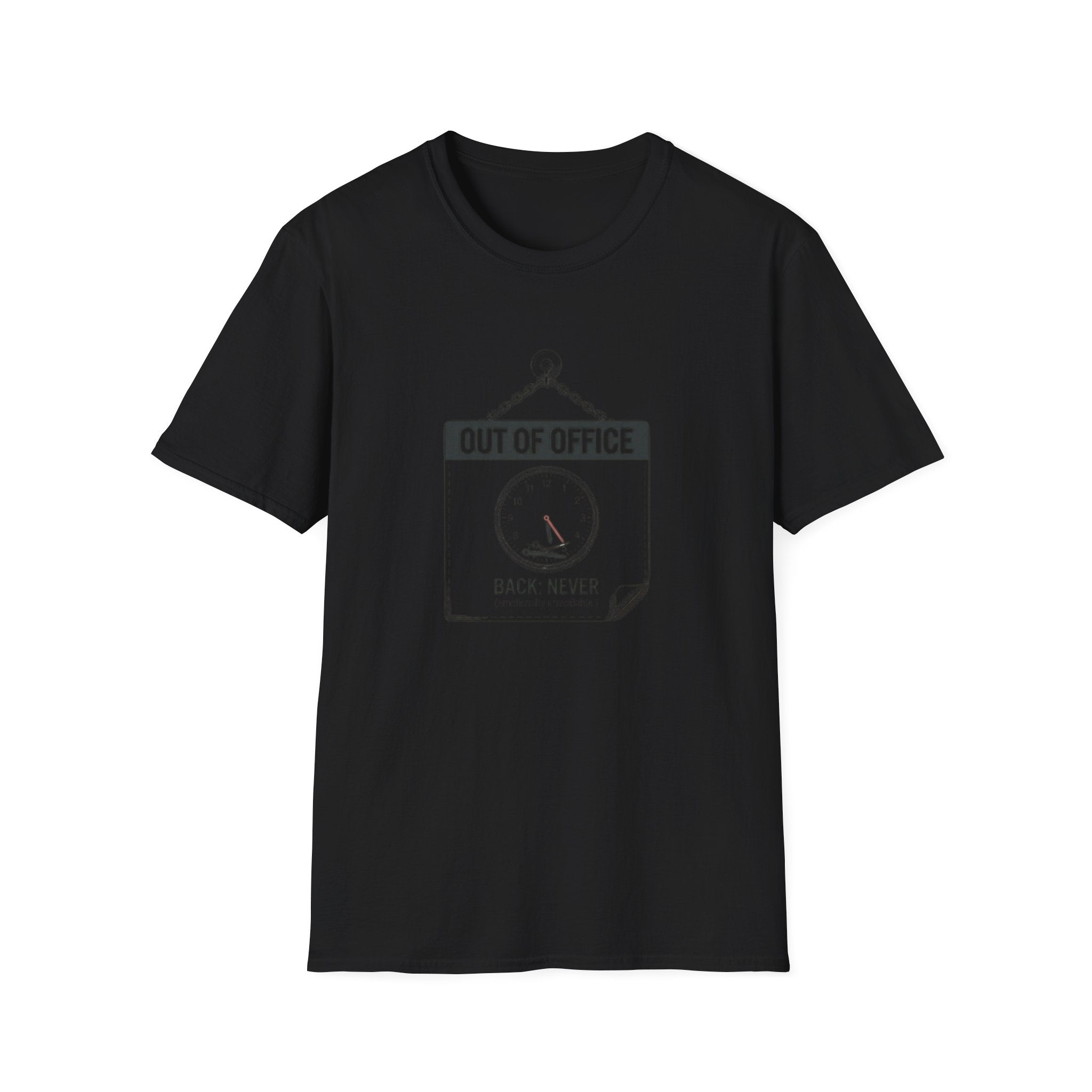 Out of Office T-Shirt — Funny Vacation Tee with Clock Graphic (Back Never)