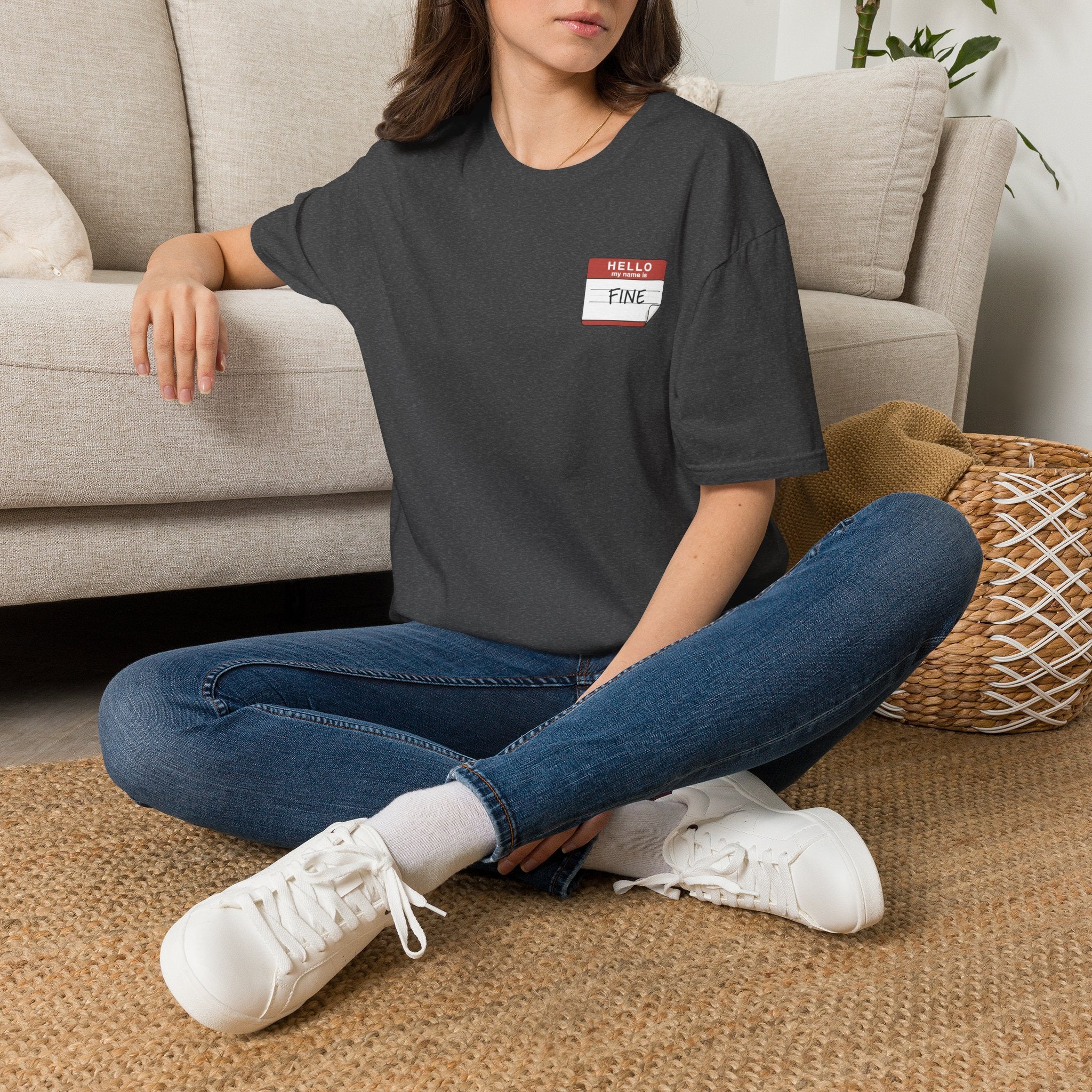 T-Shirt — 'Hello My Name Is FINE' Minimal Pocket Sticker Graphic