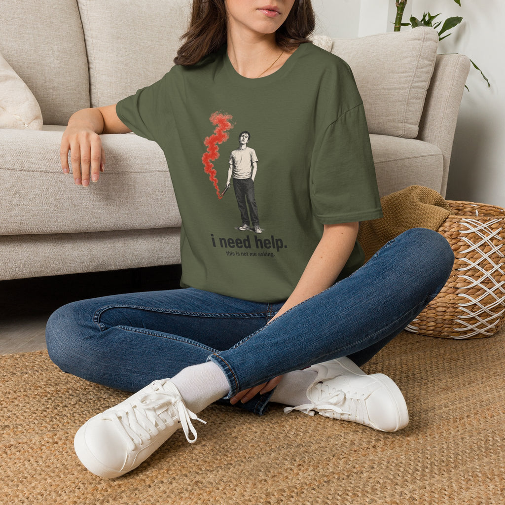 T-Shirt — I Need Help Graphic Tee with Red Smoke Illustration