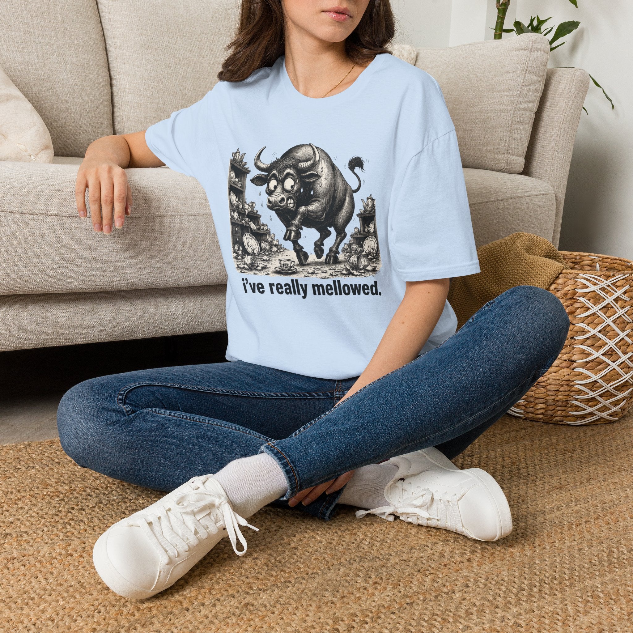 Bull Mushroom Graphic Tee — "I've Really Mellowed." Funny Surreal Illustration T-Shirt