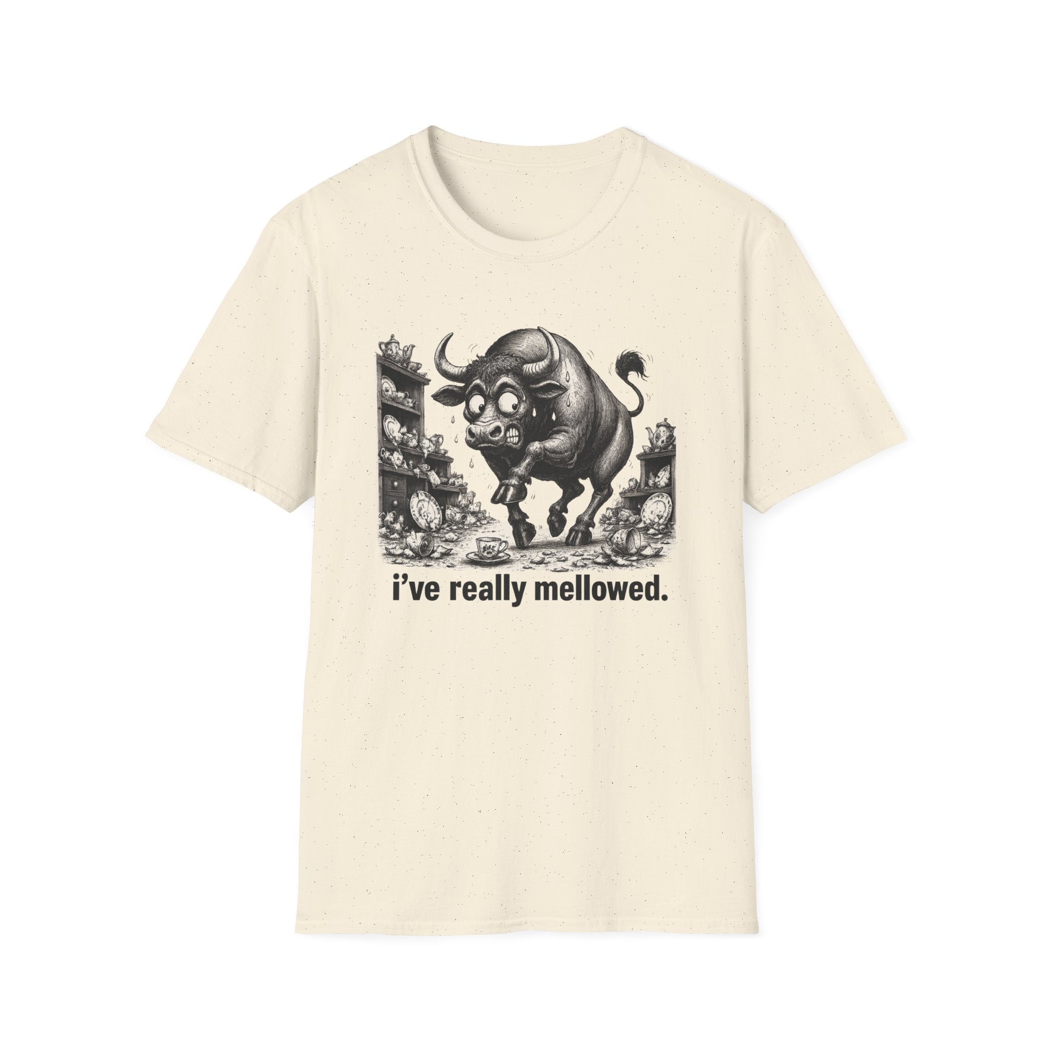 Bull Mushroom Graphic Tee — "I've Really Mellowed." Funny Surreal Illustration T-Shirt