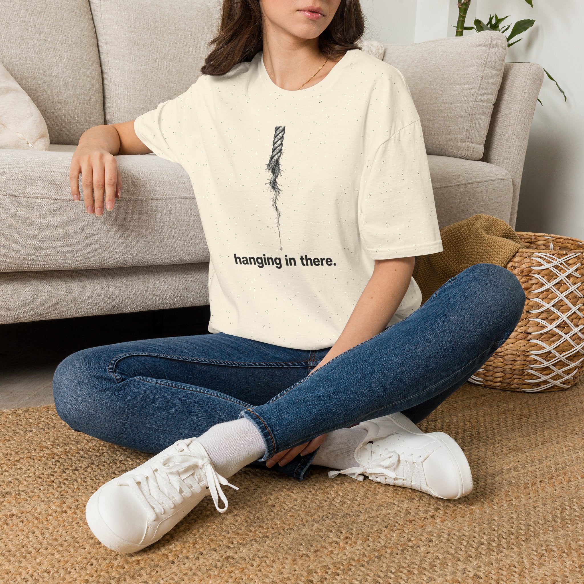 Hanging in There T-Shirt — Minimal Frayed Rope Mental Health Awareness Tee